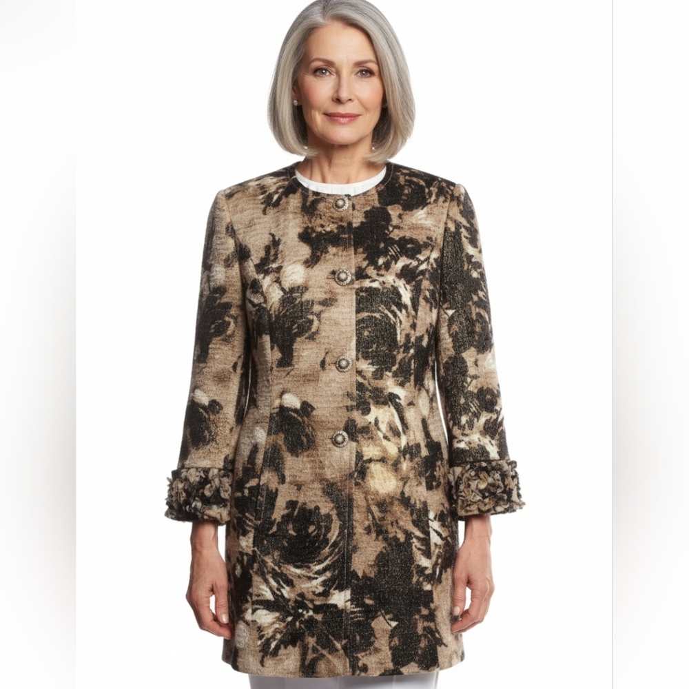 St. John Black Tan Abstract Floral Wool Silk Coat size 10